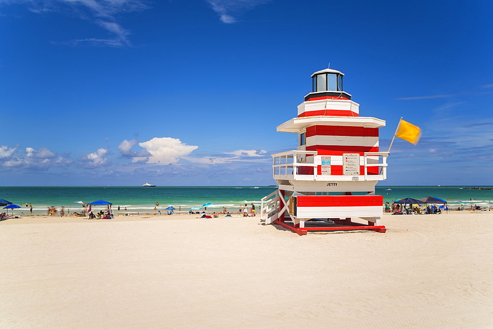 Art Deco style Lifeguard hut on South Beach, Ocean Drive, Miami Beach, Miami, Florida, United States of America, North America