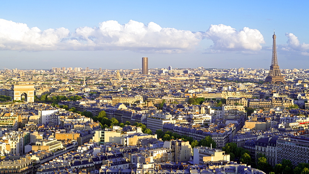 City, Arc de Triomphe and the Eiffel Tower, viewed over rooftops, Paris, France, Europe