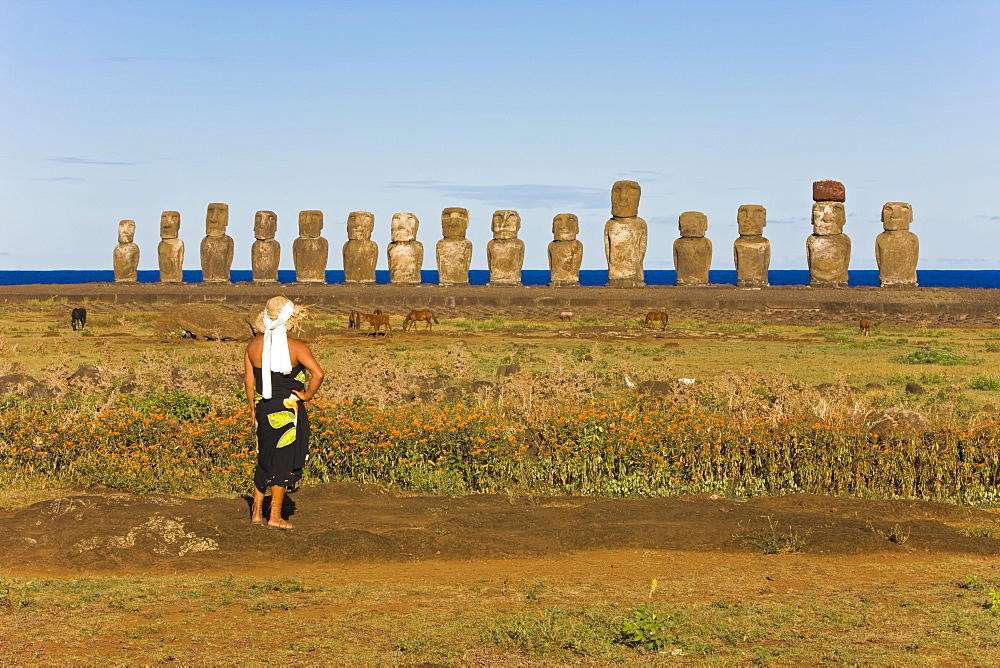 Ahu Tongariki, the largest ahu on the Island, Tongariki is a row of 15 giant stone Moai statues, Rapa Nui (Easter Island), UNESCO World Heritage Site, Chile, South America