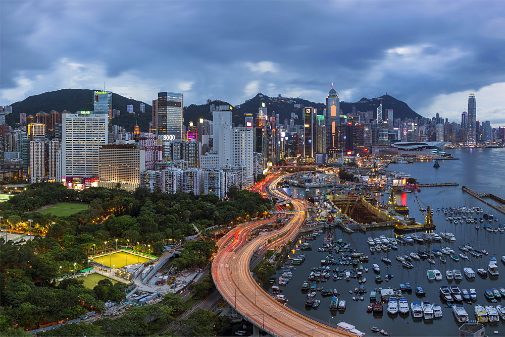 Elevated view, Harbour and Central district of Hong Kong Island and Victoria Peak, Hong Kong, China, Asia