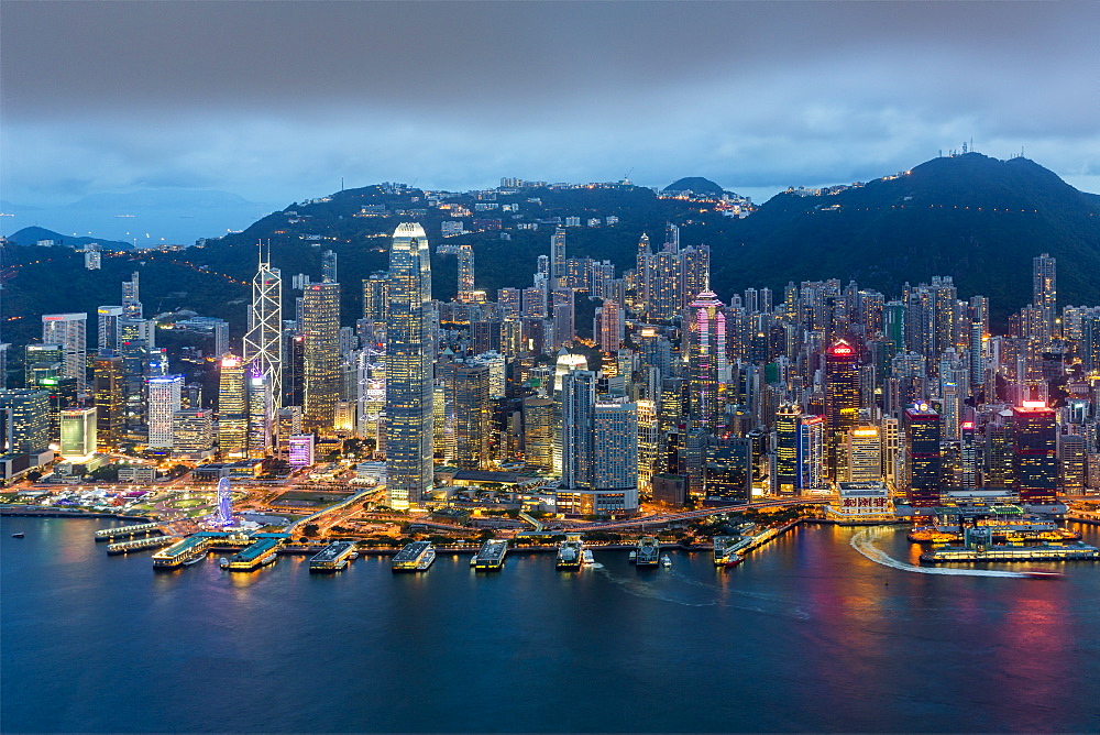 Elevated view, Harbour and Central district of Hong Kong Island and Victoria Peak, Hong Kong, China, Asia