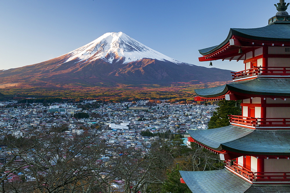 Snowy Mount Fuji and Chureito Pagoda at Arakura-yama Sengen-koen Park, Fujiyoshida, Shizuoka, Honshu, Japan, Asia