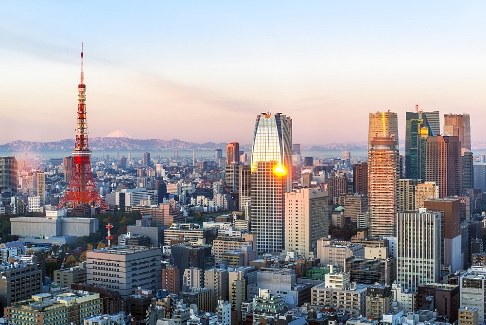 Elevated evening view of the city skyline and iconic Tokyo Tower, Tokyo, Japan, Asia