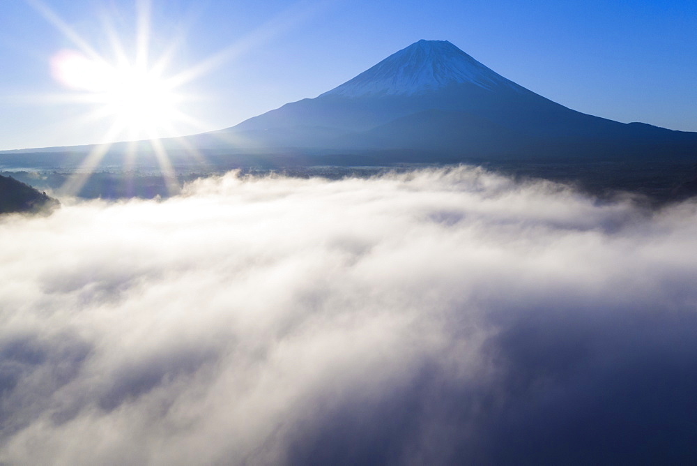 Clouds over Lake Ashinoko with Mount Fuji behind, Fuji-Hakone-Izu National Park, Hakone, Shizuoka, Honshu, Japan, Asia (Drone)