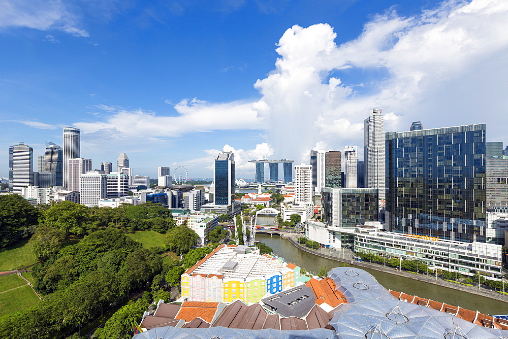 City skyline and riverside restaurants at the entertainment district of Clarke Quay, Singapore, Southeast Asia, Asia