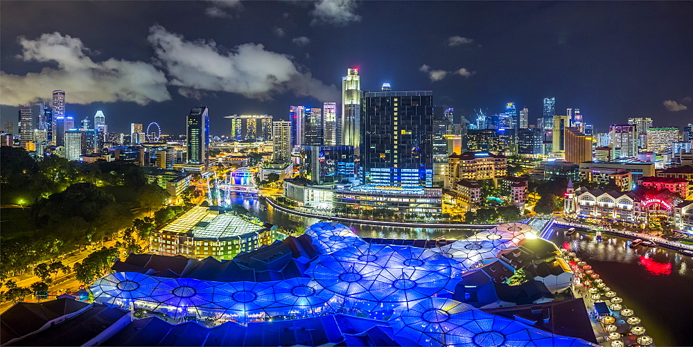 City skyline and riverside restaurants at the entertainment district of Clarke Quay, Singapore, Southeast Asia, Asia