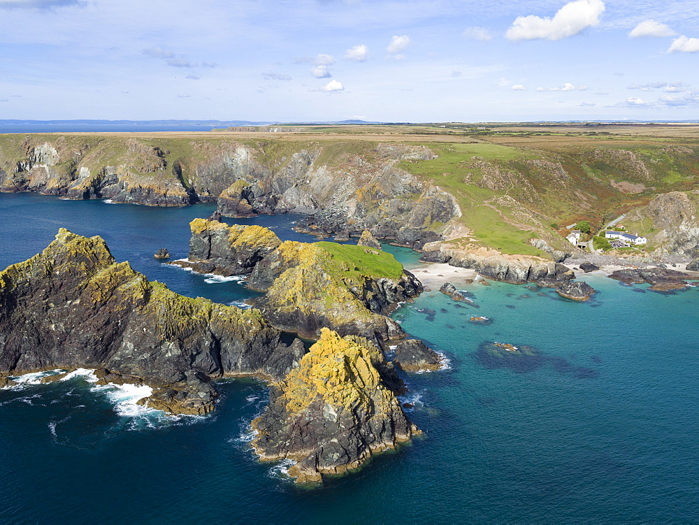 Rocky coastline and beaches at Kynance Cove, the Lizard, Cornwall, England, United Kingdom, Europe (Drone)