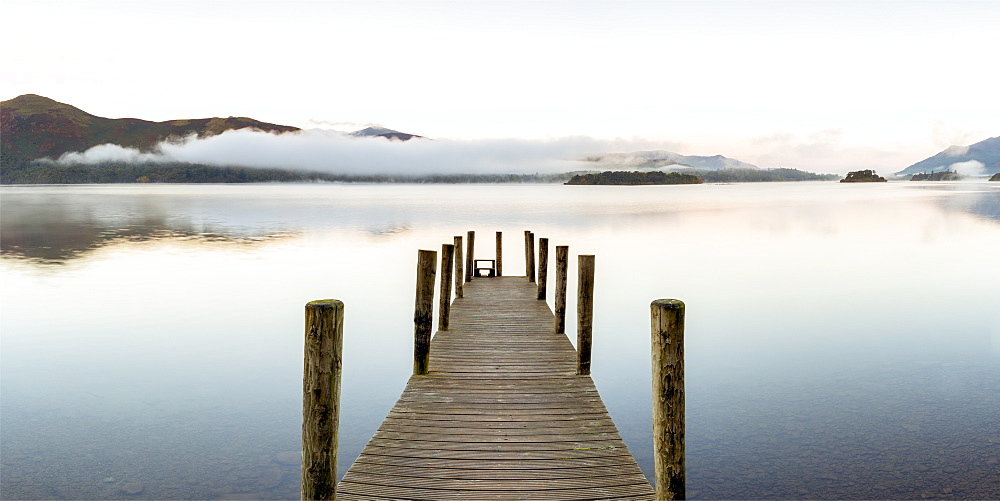 Wooden jetty at Barrow Bay landing, Derwent Water, Lake District National Park, UNESCO World Heritage Site, Cumbria, England, United Kingdom, Europe