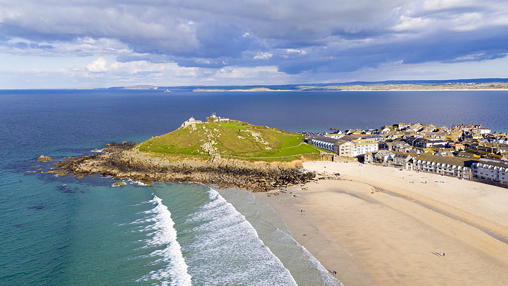 Porthmeor beach, St. Ives, Cornwall, England, United Kingdom, Europe (Drone)