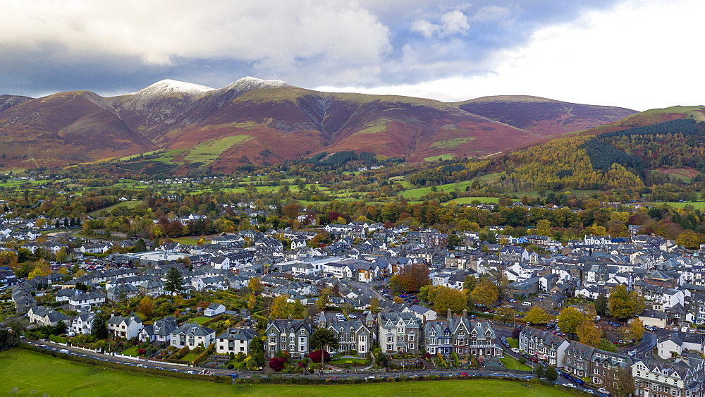 Keswick and Skiddaw beyond, Lake District National Park, UNESCO World Heritage Site, Cumbria, England, United Kingdom, Europe (Drone)