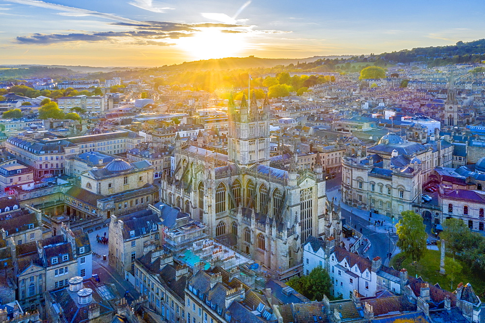 Aerial view by drone over Bath, Somerset, England, United Kingdom, Europe