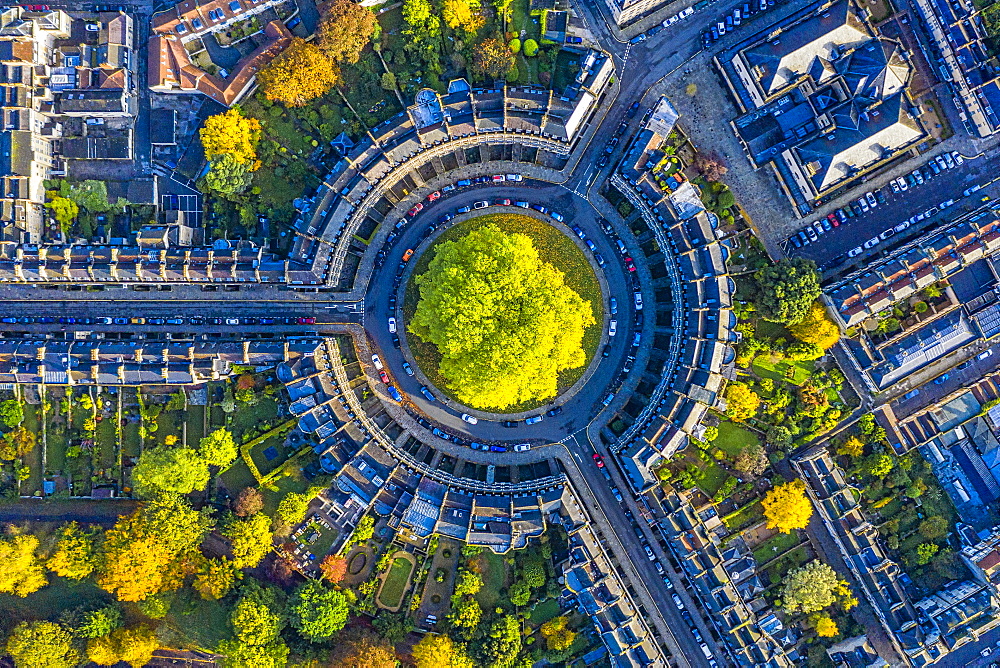 Aerial view by drone over the Georgian housing of The Circus, UNESCO World Heritage Site, Bath, Somerset, England, United Kingdom, Europe