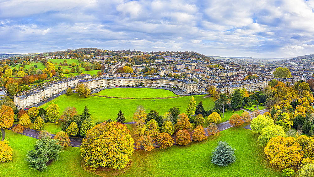 Aerial view by drone over the Georgian city of Bath, Royal Victoria Park and Royal Cresent, UNESCO World Heritage Site, Bath, Somerset, England, United Kingdom, Europe