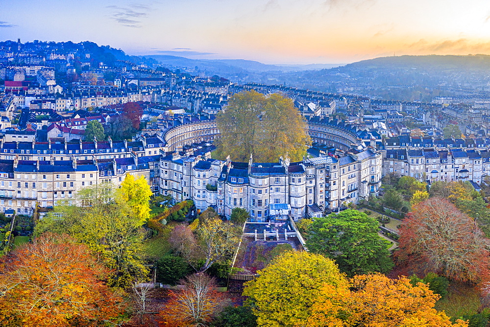 Aerial view by drone over the Georgian housing of The Circus, UNESCO World Heritage Site, Bath, Somerset, England, United Kingdom, Europe