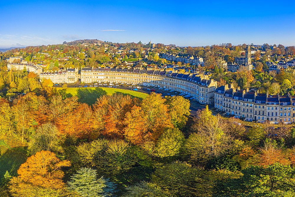 Aerial view by drone over the Georgian city of Bath and Lansdown Cresent, Somerset, England, United Kingdom, Europe