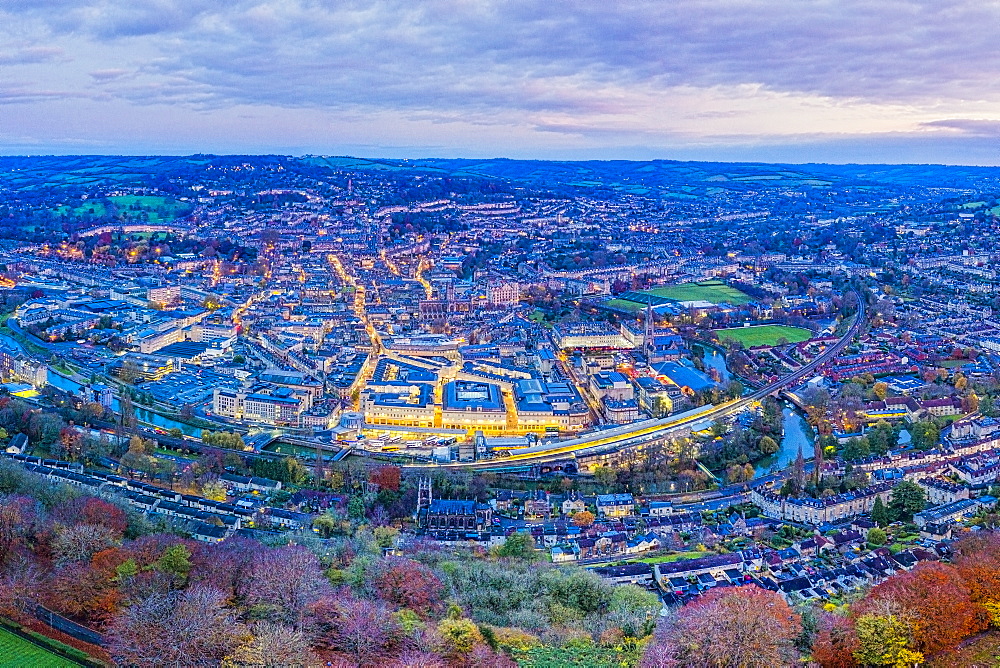 Aerial view by drone over the Georgian city of Bath, Somerset, England, United Kingdom, Europe