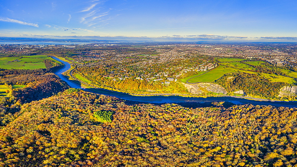 Aerial view over the Avon Gorge, the Downs and city centre, Bristol, England, United Kingdom, Europe