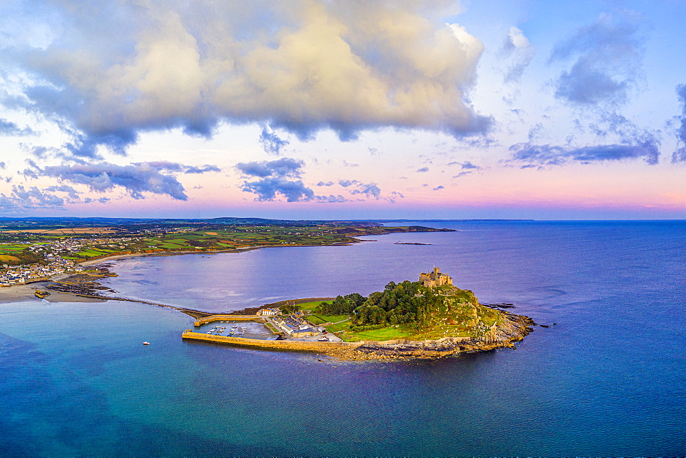 Aerial view over Saint Michael's Mount, Marazion, near Penzance, Cornwall, England, United Kingdom, Europe