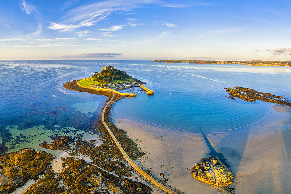 Aerial view over Saint Michael's Mount, Marazion, near Penzance, Cornwall, England, United Kingdom, Europe