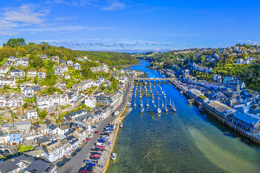 Aerial view over Looe, Cornish fishing town, Cornwall, England, United Kingdom, Europe