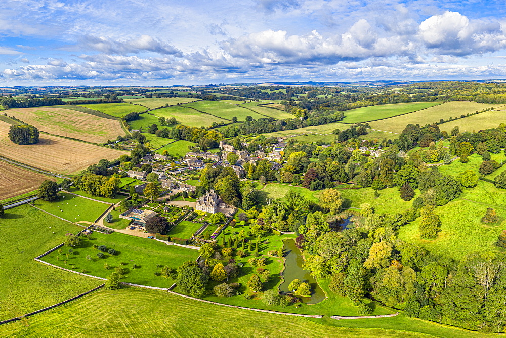 Aerial view over the village of Upper Slaughter in the Cotswolds, Gloucestershire, England, United Kingdom, Europe