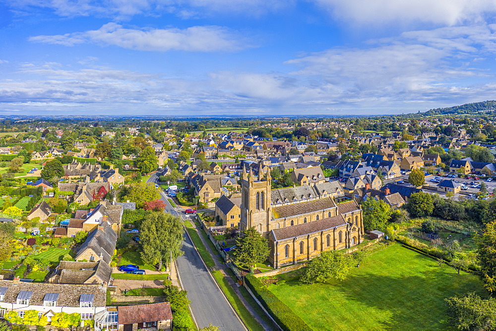 Aerial view over the village of Broadway, Cotswolds, Broadway, Worcestershire, England, United Kingdom, Europe