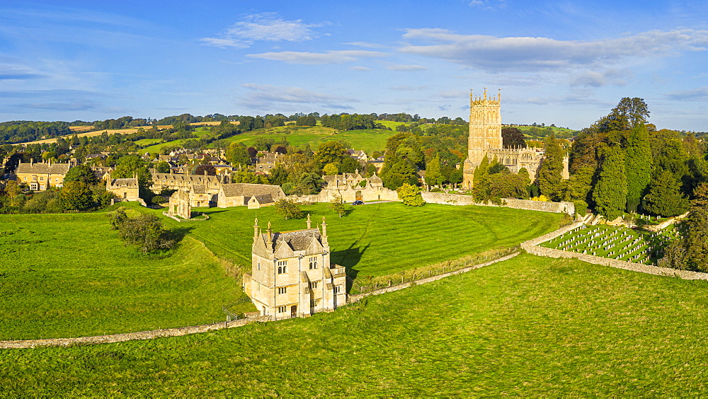 East Banqueting House and St. James' church, Chipping Campden, Cotswolds, Gloucestershire, England, United Kingdom, Europe