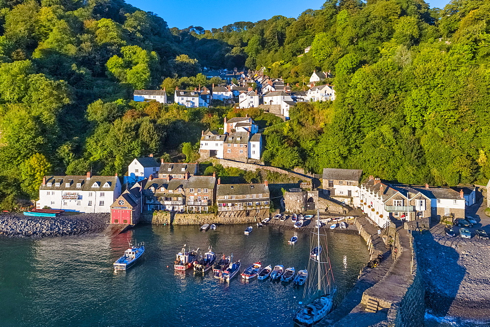 Aerial elevated view over Clovelly on the North Devon coast, Devon, England, United Kingdom, Europe