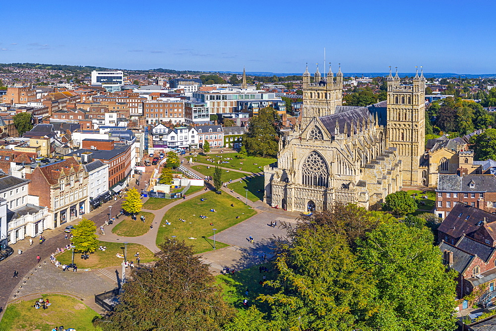 Aerial view over Exeter city centre and Exeter Cathedral, Exeter, Devon, England, United Kingdom, Europe