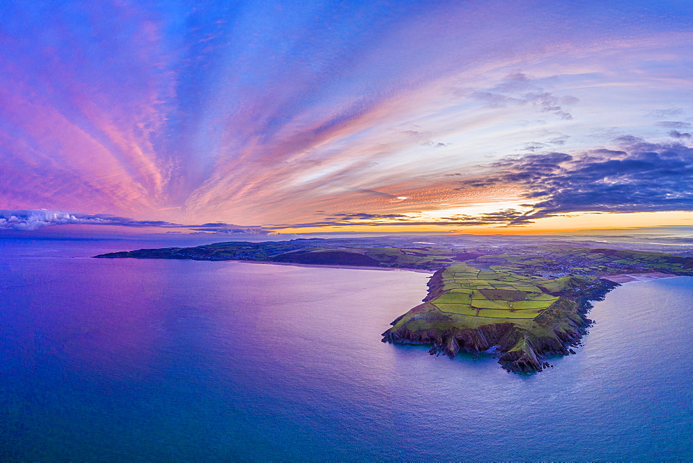 Aerial sunrise view over Baggy Point towards Woolacombe, Morte Bay, North Devon, England, United Kingdom, Europe