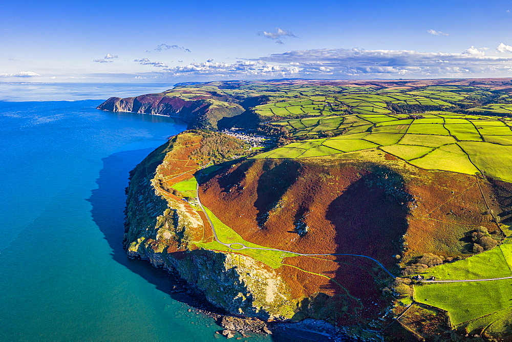 Aerial view over the Valley of the Rocks and Lynton, Exmoor National Park, North Devon, England, United Kingdom, Europe