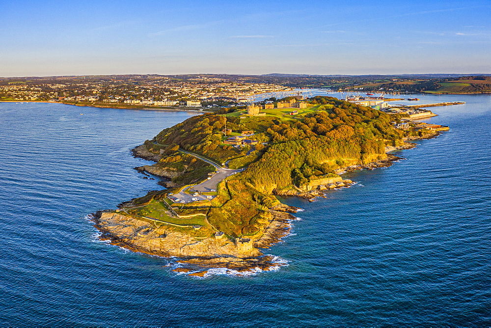 Aerial view over Pendennis Castle and Falmouth, Cornwall, England, United Kingdom, Europe