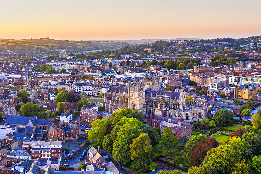 Aerial view over Exeter city centre and Exeter Cathedral, Exeter, Devon, England, United Kingdom, Europe