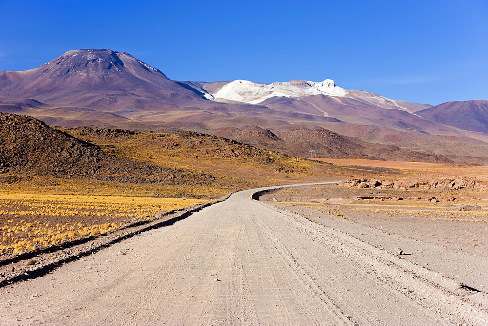 Laguna Miscanti at an altitude of 4300m and the peak of Cerro Miniques at 5910m, Los Flamencos National Reserve, Atacama Desert, Antofagasta Region, Norte Grande, Chile, South America