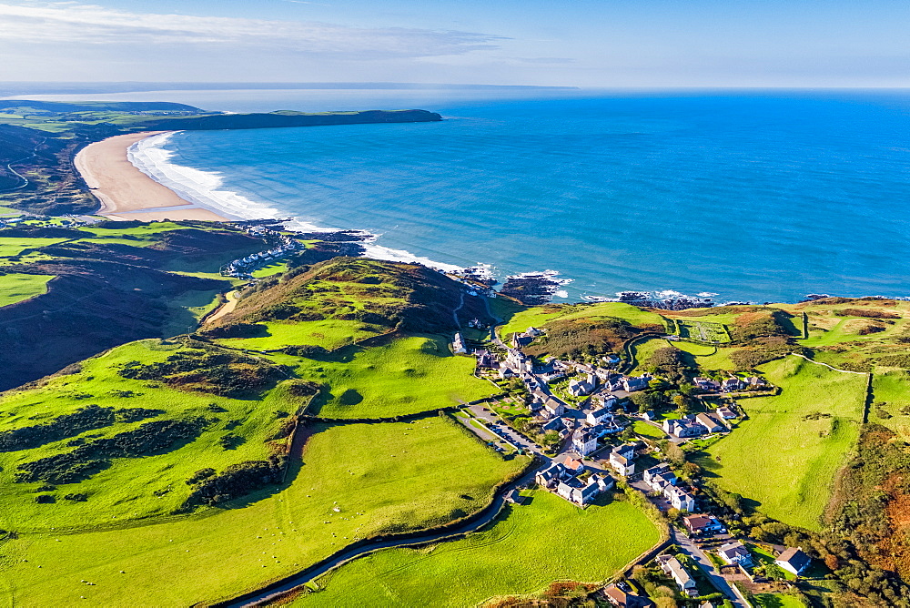 Aerial view over Mortehoe and Woolacombe Bay, North Devon, England, United Kingdom, Europe