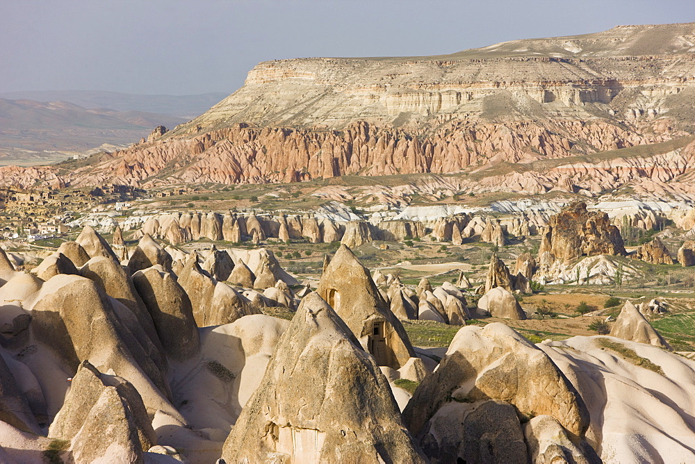 Elevated view over the volcanic tufa rock formations surrounding Goreme, Cappadocia, Anatolia, Turkey, Asia Minor, Eurasia