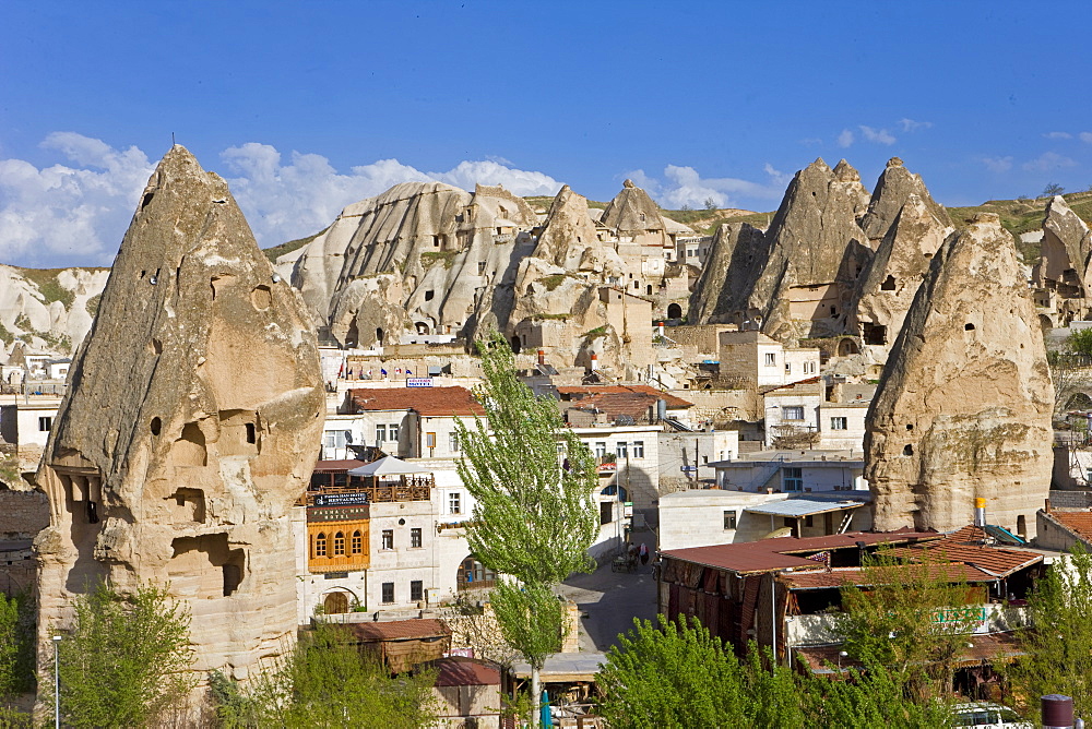 Elevated view over the town of Goreme and Tufa rock formations in Cappadocia, Anatolia, Turkey, Asia Minor, Eurasia