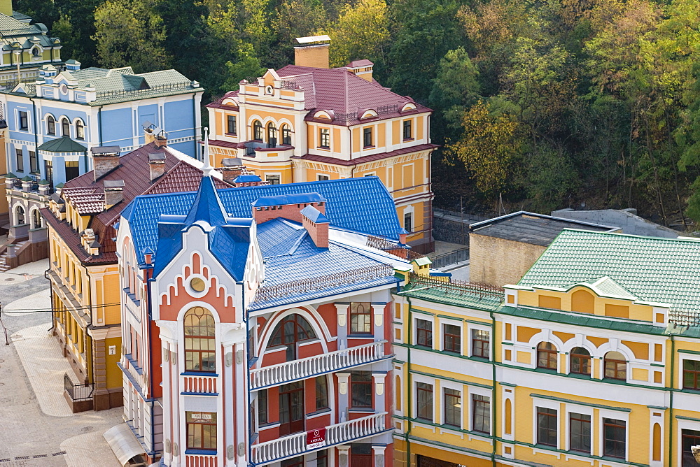 Elevated view over colourful buildings with multicolor roofs in a new residential area of Kiev, Ukraine, Europe