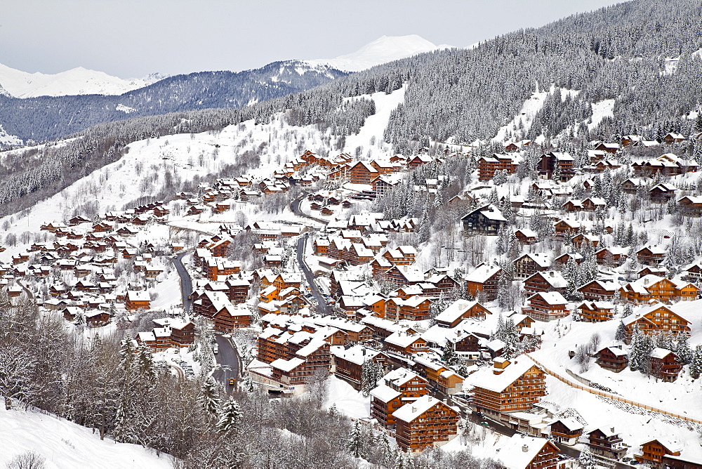 Chalets and hotels in Meribel ski resort in the Three Valleys (Les Trois Vallees), Savoie, French Alps, France, Europe