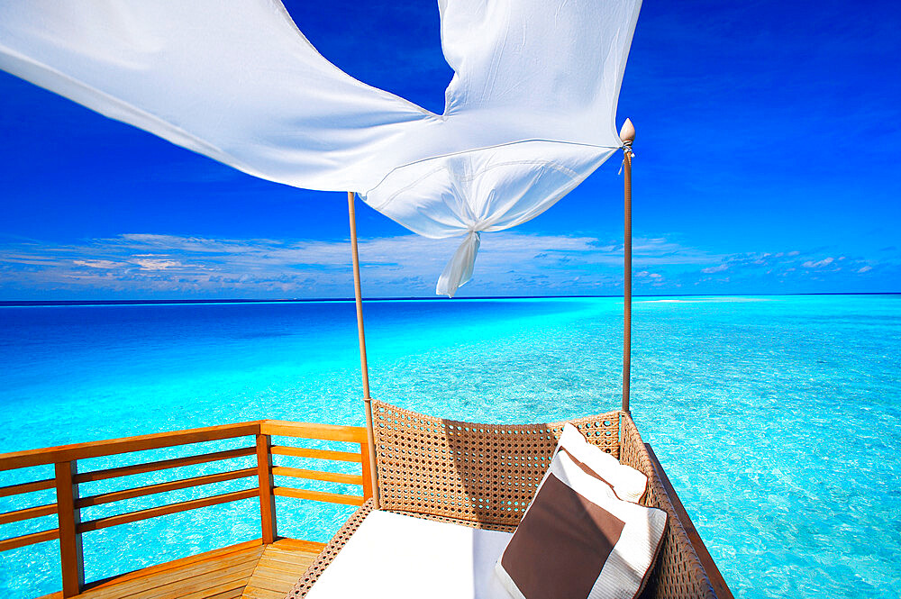 Sofa on tropical beach, Maldives, Indian Ocean, Asia