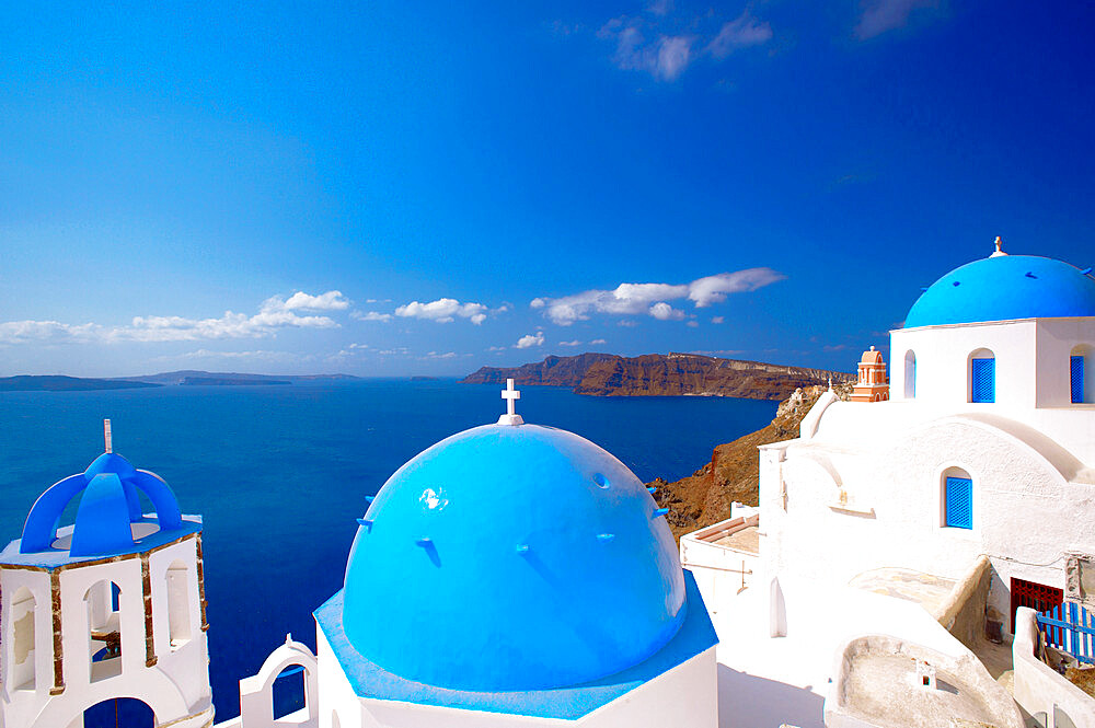 Elevated view of the Aegean Sea from a top of a church with blue domed roofs, Santorini, Cyclades, Greek Islands, Greece, Europe