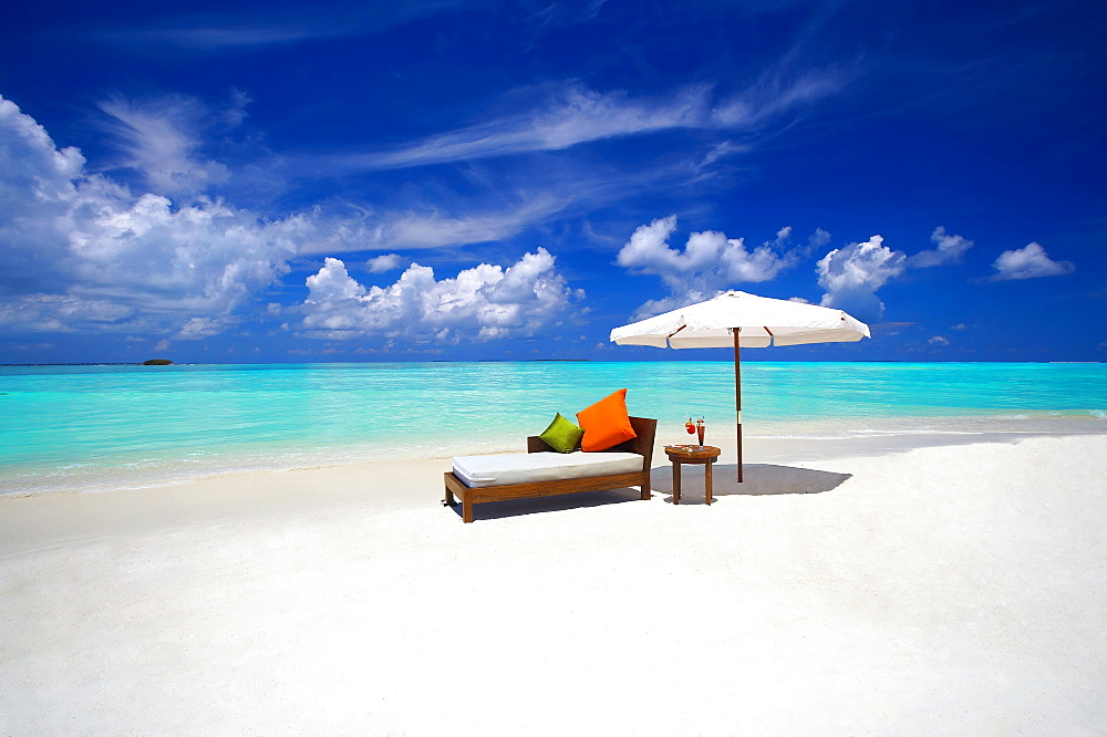 Sofa and tropical beach, The Maldives, Indian Ocean, Asia