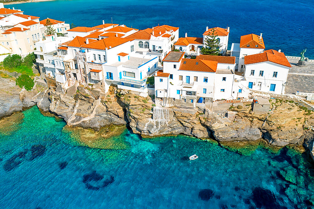 Aerial drone view of iconic and picturesque Andros (Chora) Andros Island, Cyclades, Greek Islands, Greece, Europe