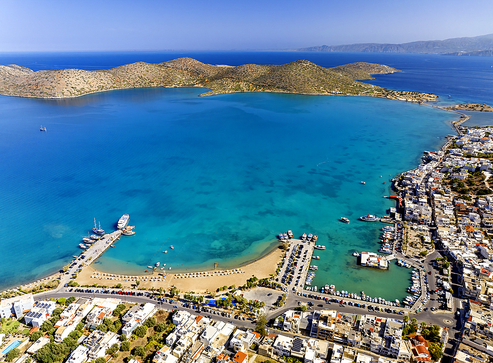 Aerial view of the popular high-end tourist town of Elounda, Crete, Greek Islands, Greece, Europe