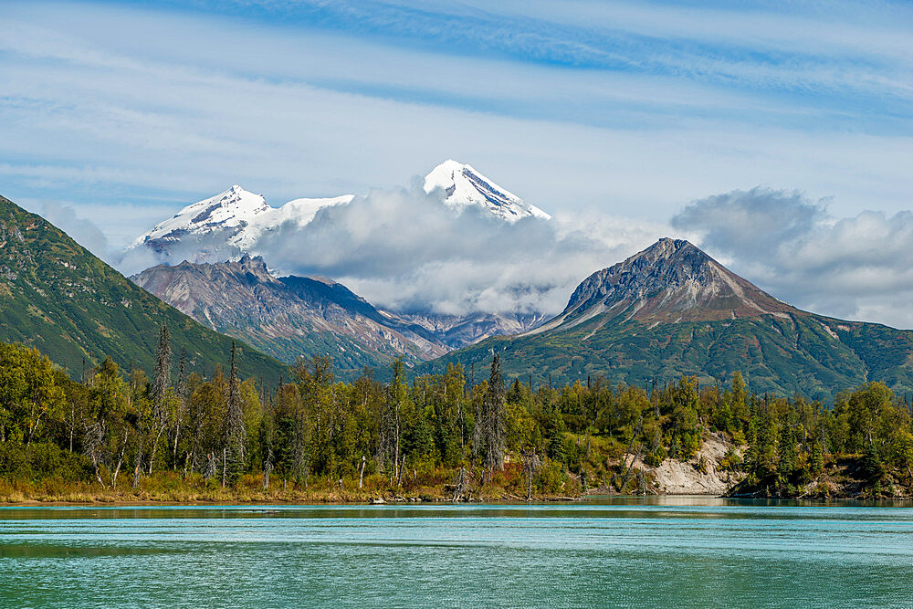 Mount Redoubt and Crescent Lake, Lake Clark National Park and Preserve, Alaska, United States of America, North America