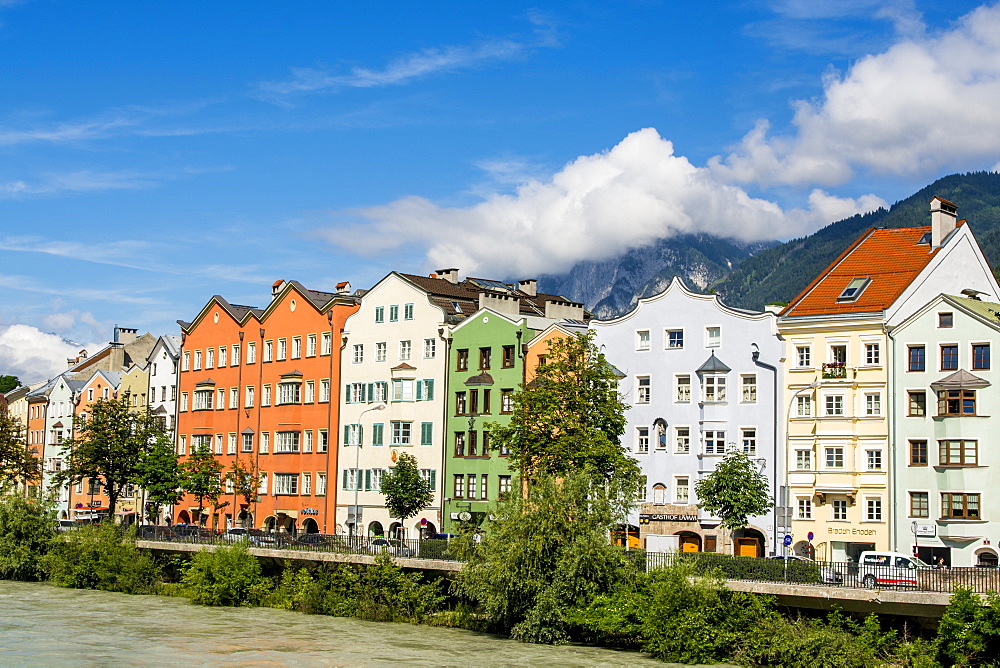 Colorful buildings lining the Inn River, Old Town, Innsbruck, Tyrol, Austria, Europe