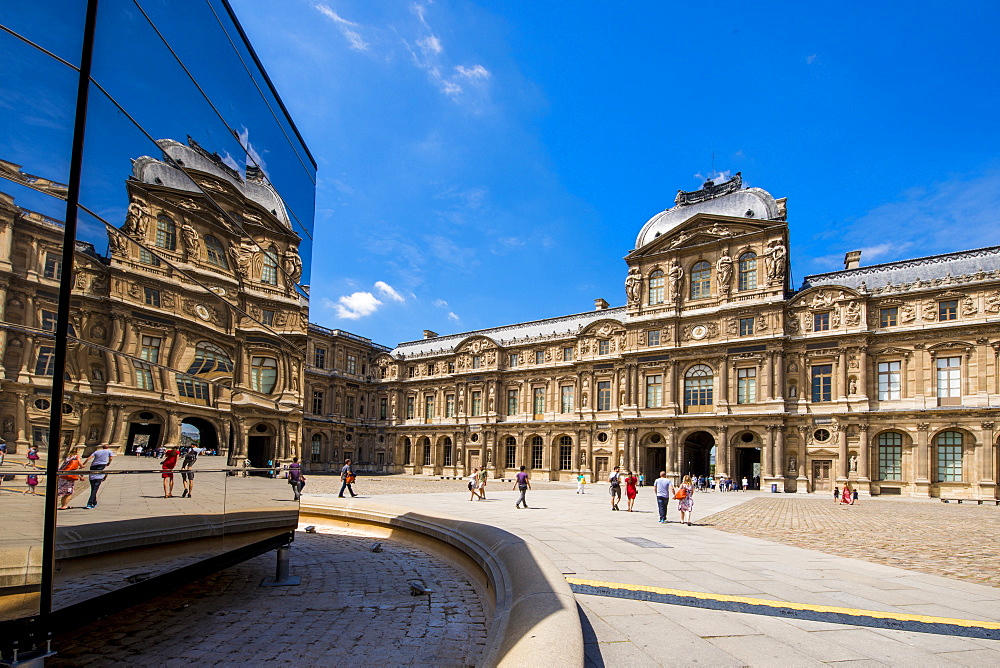 Reflections of the Cour Carree courtyard in the Lourve, Paris, France, Europe