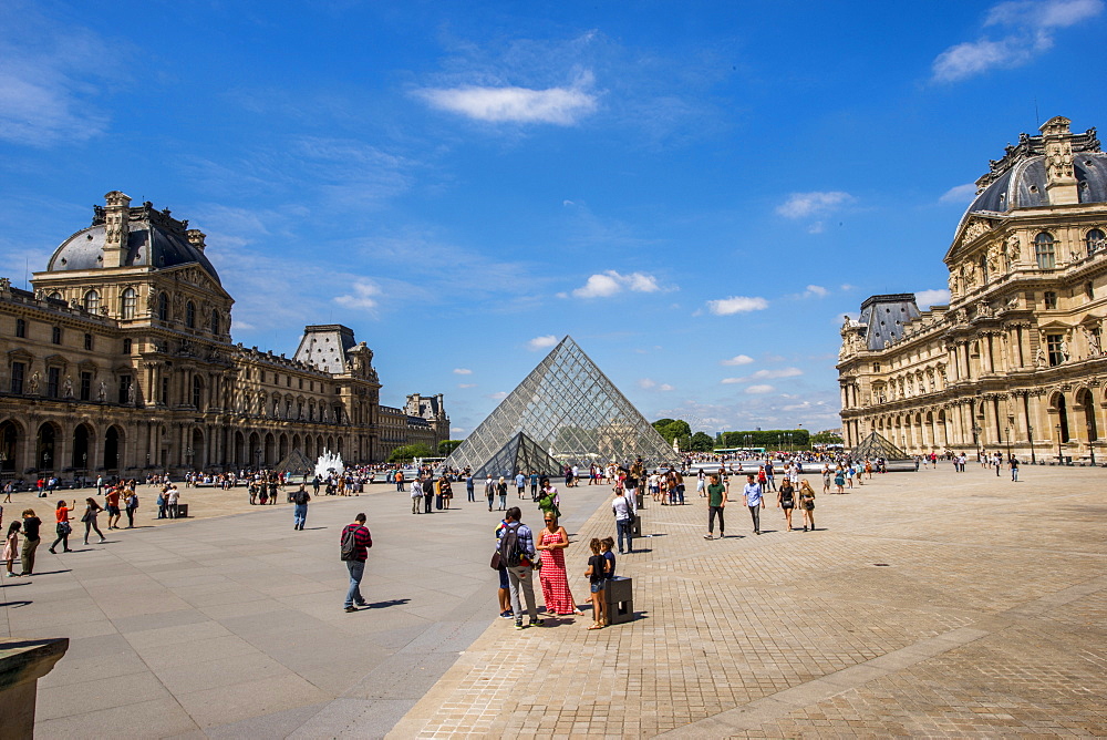 Leoh Ming Pei glass Pyramid in Napoleon Courtyard, The Louvre, Paris, France, Europe