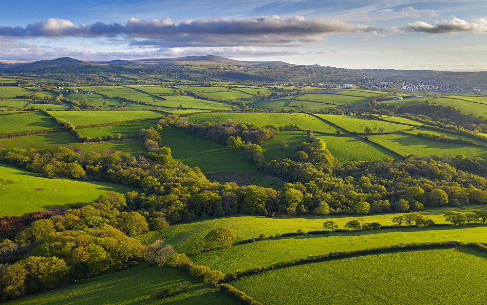 Aerial view by drone of rolling countryside near Dartmoor, Devon, England, United Kingdom, Europe