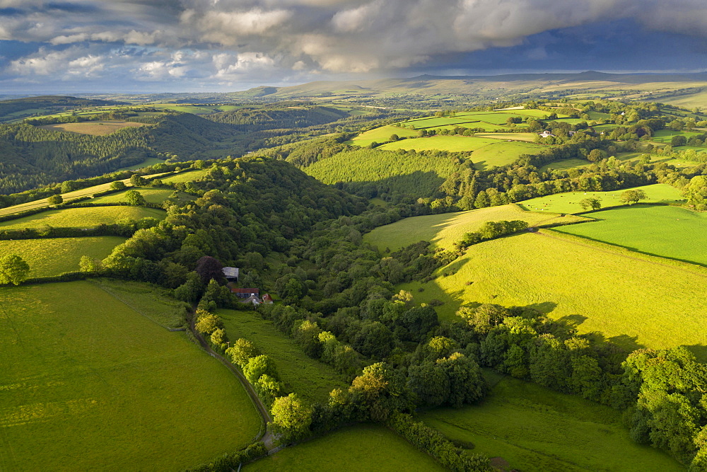 Aerial view by drone of rolling countryside near Brentor in Devon, England, United Kingdom, Europe